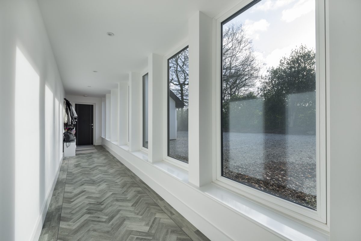 hallway interior with slim windows